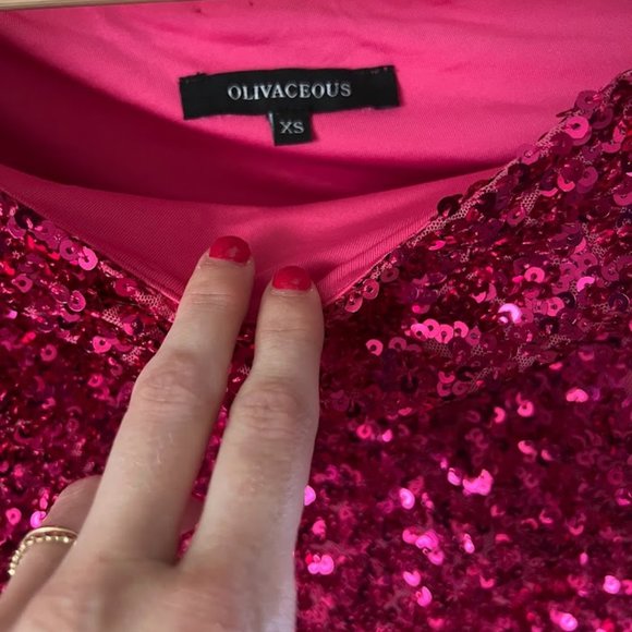 BARBIE INSPO VICI COLLECTION - HOT PINK SEQUIN BOAT NECK / OFF SHOULDER TOP - Picture 2 of 4